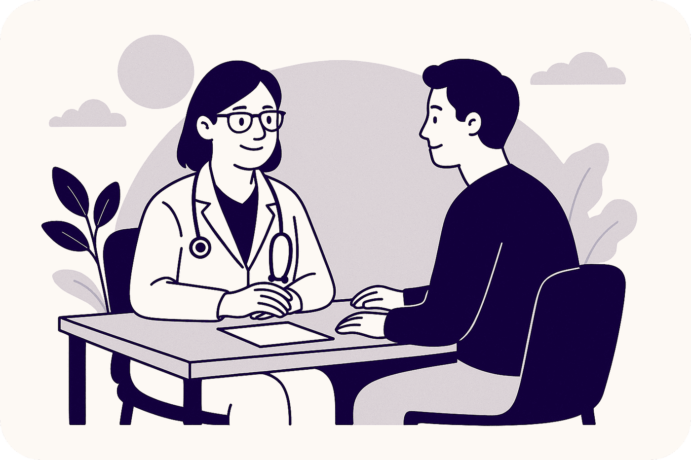 Illustration : le Dr Bauwens en consultation avec un patient, assis de part et d'autre du bureau